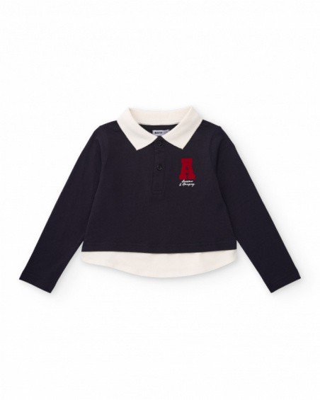 Navy blue long-sleeve polo shirt for girls with contrast collar