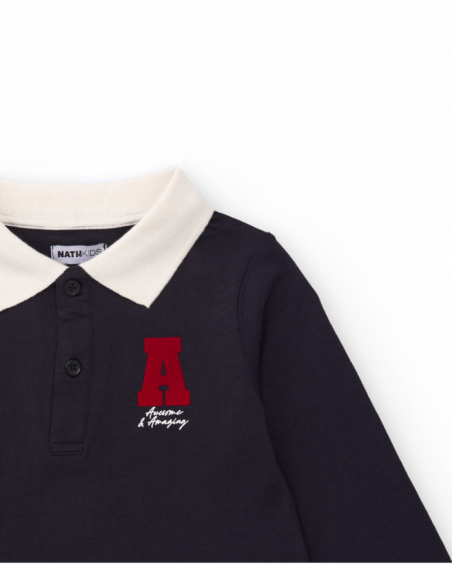 Navy blue long-sleeve polo shirt for girls with contrast collar