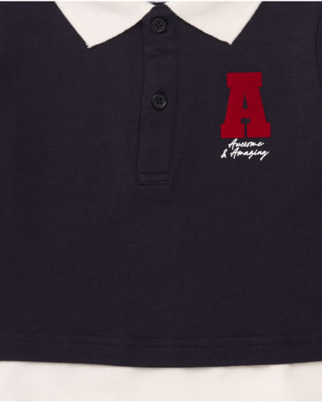 Navy blue long-sleeve polo shirt for girls with contrast collar