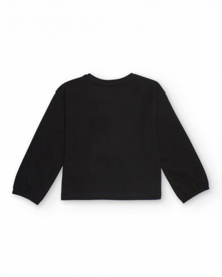 Black long-sleeved T-shirt for girls with cat print