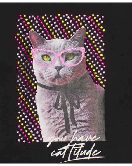 Black long-sleeved T-shirt for girls with cat print