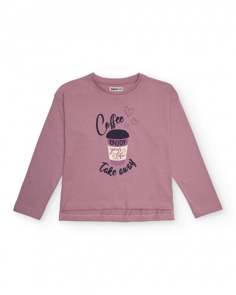 Long-sleeve pink t-shirt with coffee cup print