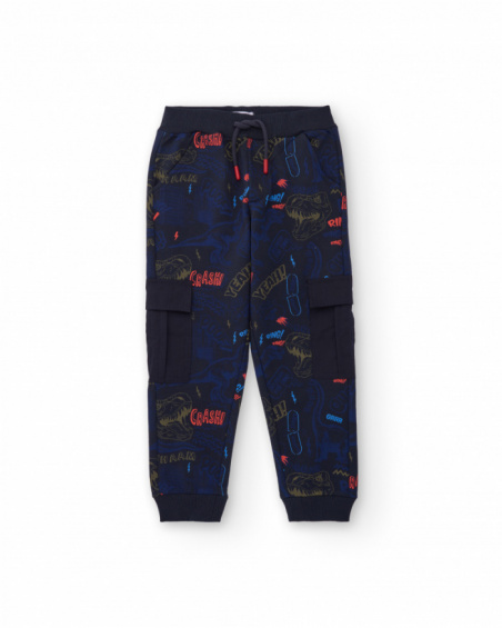 Navy blue jogger pants with dinosaur print and cargo pockets Navy blue jogger pants with dinosaur print and cargo pockets