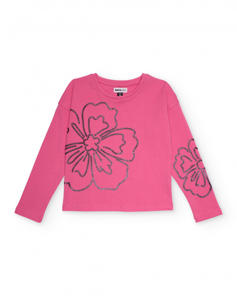 Fuchsia sweatshirt for girls with floral strass print