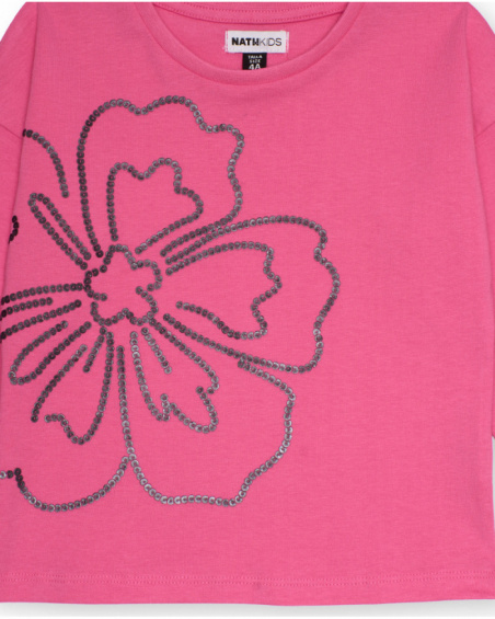 Fuchsia sweatshirt for girls with floral strass print