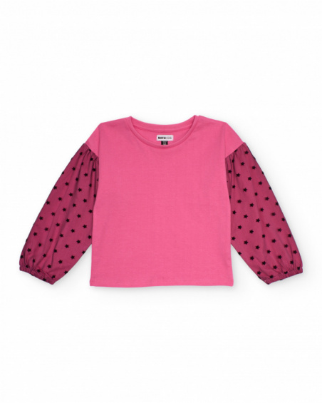 Pink girls’ T-shirt with printed tulle sleeves