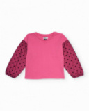 Pink girls’ T-shirt with printed tulle sleeves Pink girls’ T-shirt with printed tulle sleeves