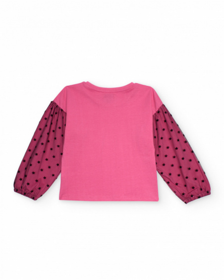 Pink girls’ T-shirt with printed tulle sleeves