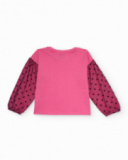 Pink girls’ T-shirt with printed tulle sleeves Pink girls’ T-shirt with printed tulle sleeves