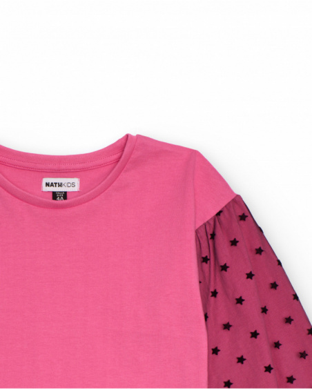 Pink girls’ T-shirt with printed tulle sleeves