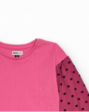 Pink girls’ T-shirt with printed tulle sleeves Pink girls’ T-shirt with printed tulle sleeves