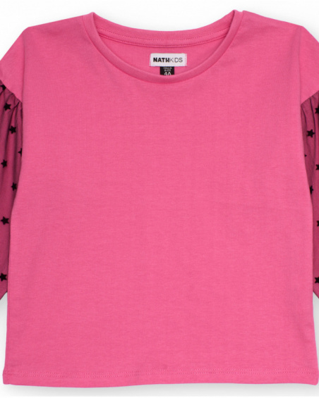 Pink girls’ T-shirt with printed tulle sleeves