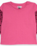 Pink girls’ T-shirt with printed tulle sleeves Pink girls’ T-shirt with printed tulle sleeves