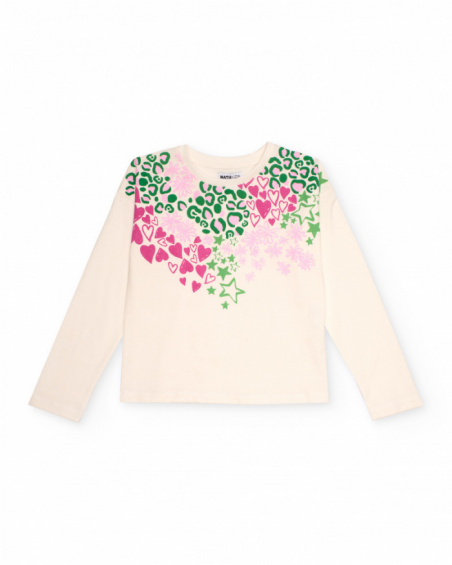 Girls’ long-sleeved T-shirt in off-white with multicolour print