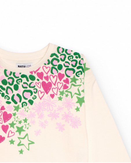 Girls’ long-sleeved T-shirt in off-white with multicolour print