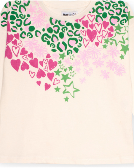 Girls’ long-sleeved T-shirt in off-white with multicolour print
