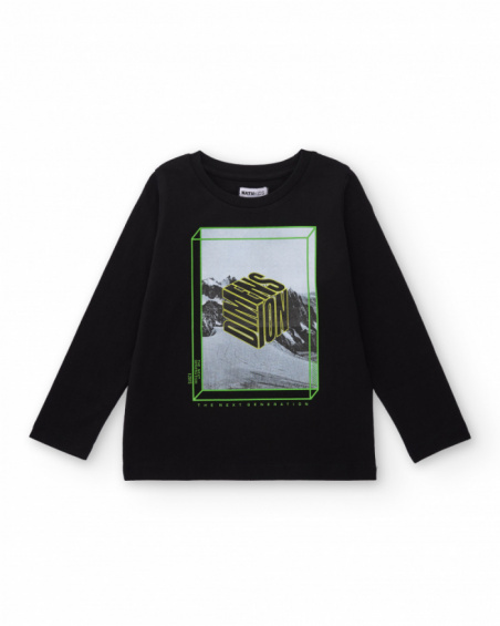 Black long-sleeved t-shirt for boys with geometric print