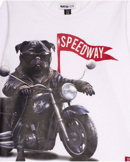White long-sleeve t-shirt for boys with biker dog print