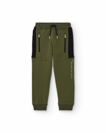 Green jogger pants for boys with black panels and side text Green jogger pants for boys with black panels and side text