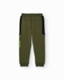 Green jogger pants for boys with black panels and side text Green jogger pants for boys with black panels and side text