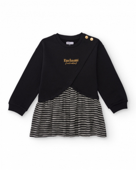 Black sweatshirt dress for girls with striped skirt and embroidery detail Black sweatshirt dress for girls with striped skirt and embroidery detail