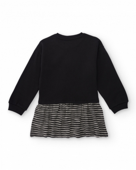 Black sweatshirt dress for girls with striped skirt and embroidery detail Black sweatshirt dress for girls with striped skirt and embroidery detail