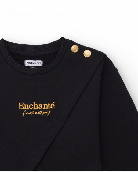Black sweatshirt dress for girls with striped skirt and embroidery detail Black sweatshirt dress for girls with striped skirt and embroidery detail