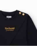 Black sweatshirt dress for girls with striped skirt and embroidery detail Black sweatshirt dress for girls with striped skirt and embroidery detail