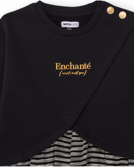 Black sweatshirt dress for girls with striped skirt and embroidery detail Black sweatshirt dress for girls with striped skirt and embroidery detail