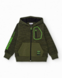 Green hooded sweatshirt for boys with graphic print and neon details Green hooded sweatshirt for boys with graphic print and neon details