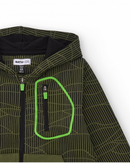 Green hooded sweatshirt for boys with graphic print and neon details