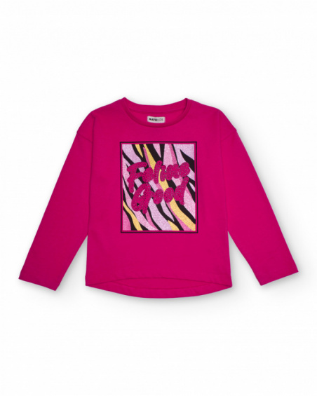 Fuchsia long-sleeve t-shirt for girls with glitter “Feeling Good” print