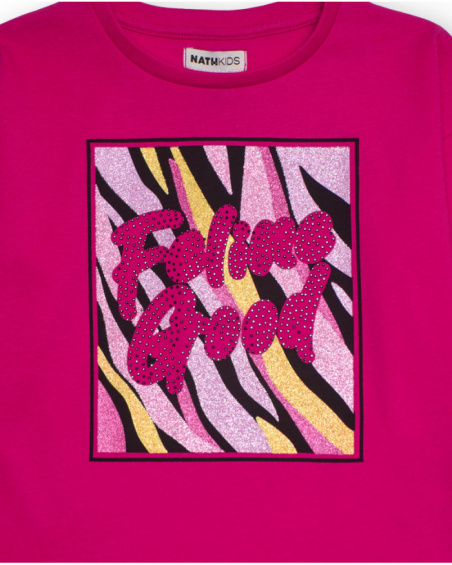 Fuchsia long-sleeve t-shirt for girls with glitter “Feeling Good” print