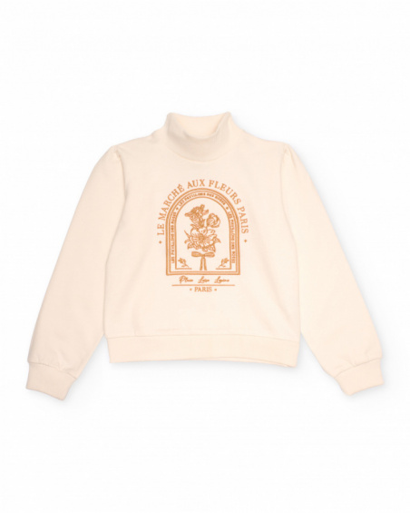 Ivory sweatshirt for girls with high neck and floral print Ivory sweatshirt for girls with high neck and floral print