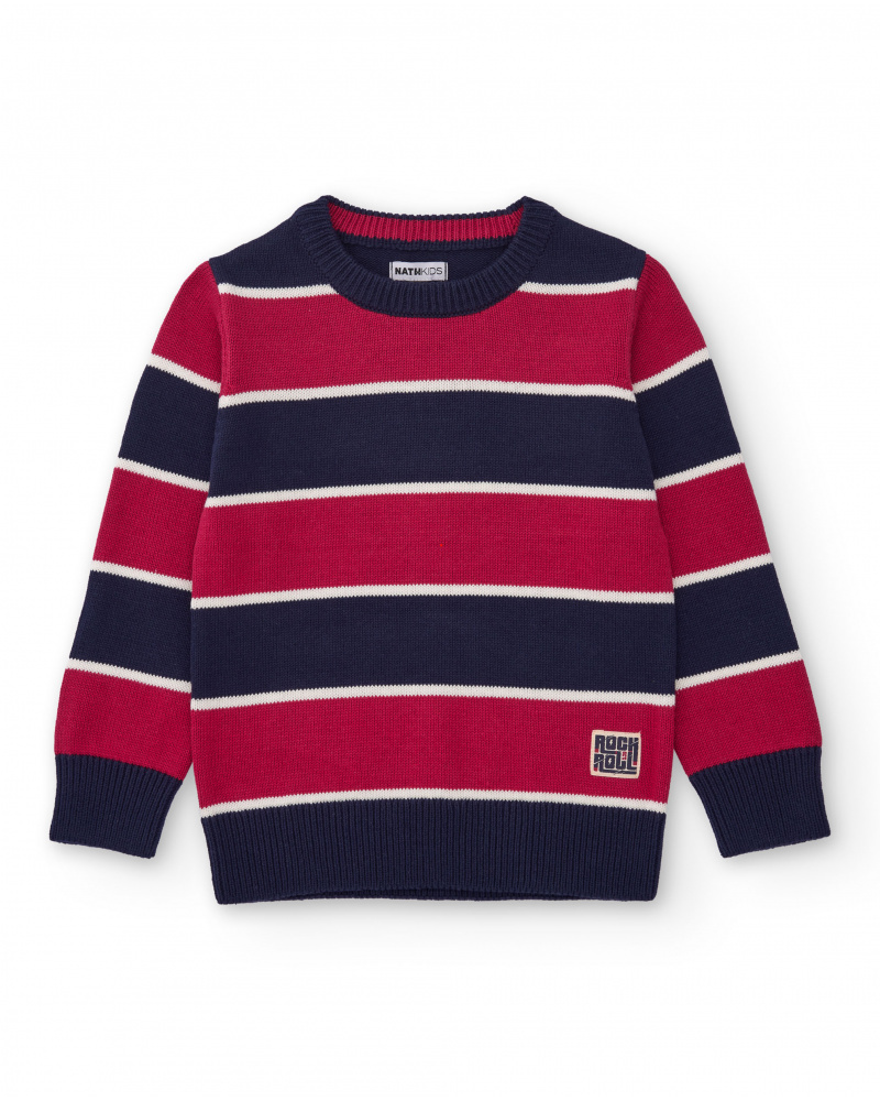 Striped sweater for boys in navy blue and red with decorative patch
