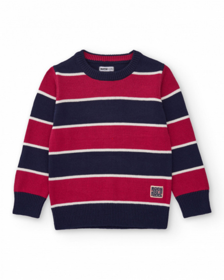 Striped sweater for boys in navy blue and red with decorative patch