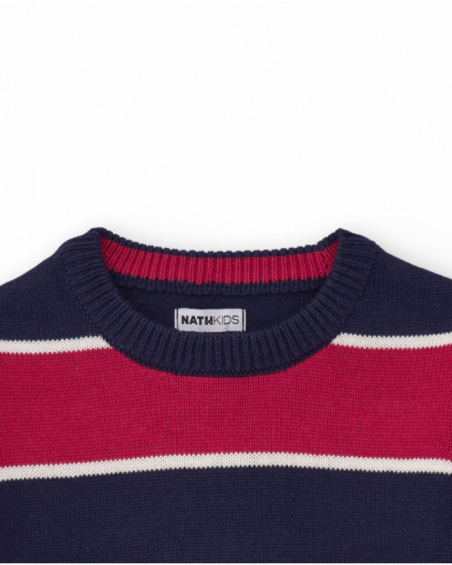 Striped sweater for boys in navy blue and red with decorative patch