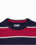 Striped sweater for boys in navy blue and red with decorative patch Striped sweater for boys in navy blue and red with decorative patch