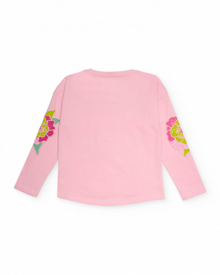 Pink long sleeve t-shirt with embroidered flowers for girls