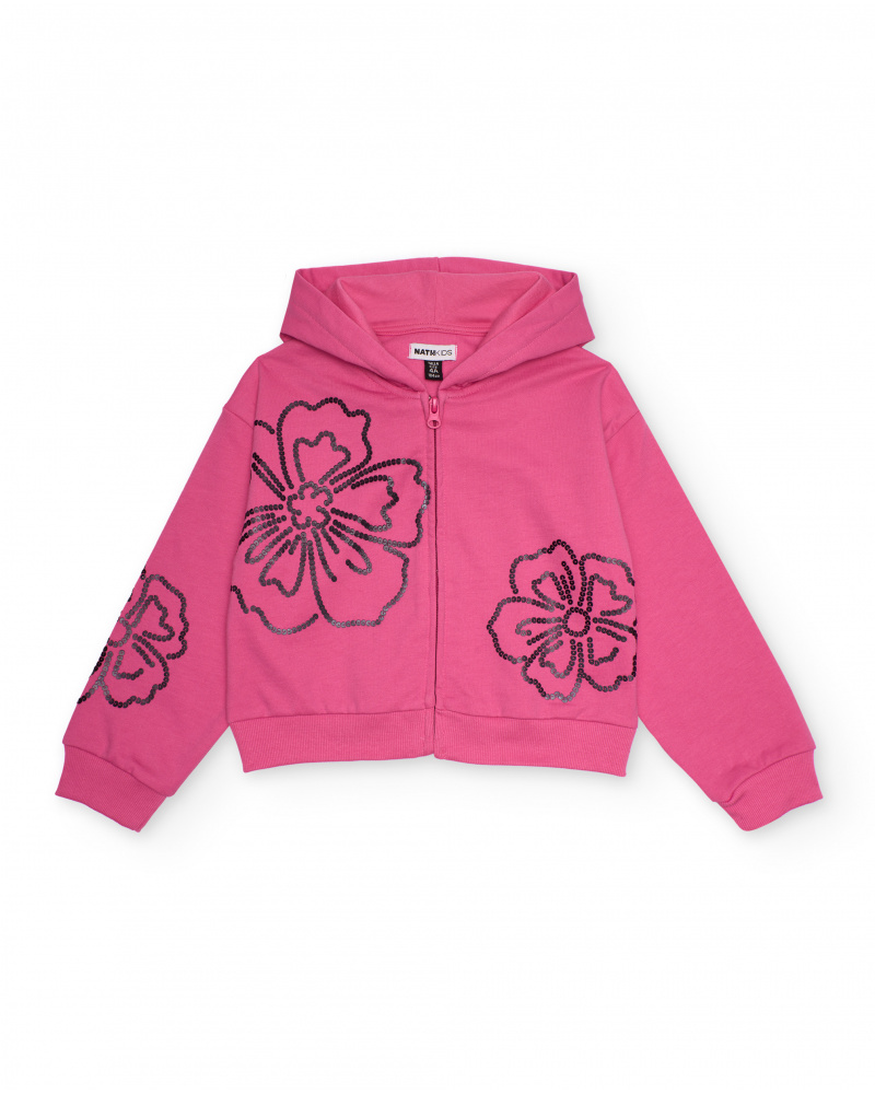 Fuchsia hooded sweatshirt for girls with strass flower design
