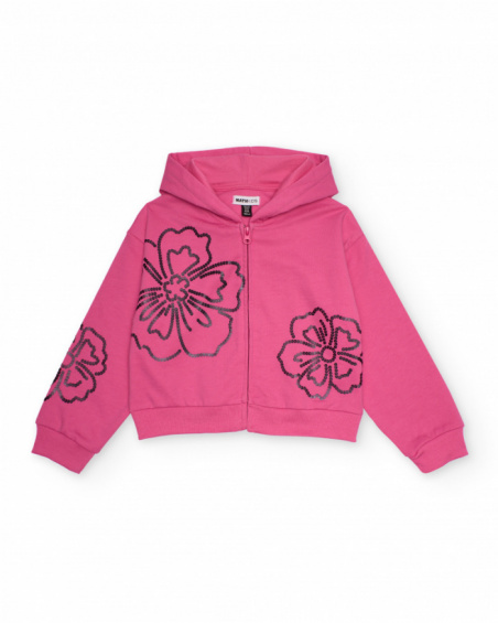 Fuchsia hooded sweatshirt for girls with strass flower design Fuchsia hooded sweatshirt for girls with strass flower design