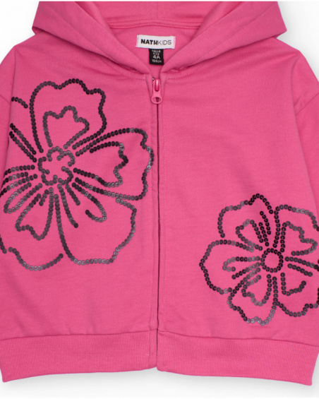 Fuchsia hooded sweatshirt for girls with strass flower design Fuchsia hooded sweatshirt for girls with strass flower design