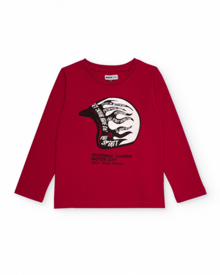 Red long-sleeved t-shirt for boys with helmet print