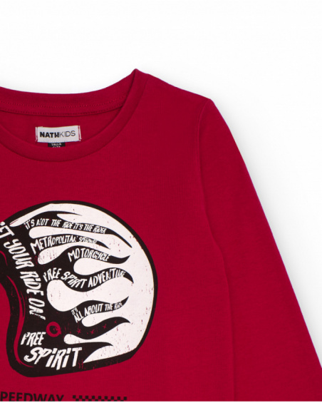 Red long-sleeved t-shirt for boys with helmet print