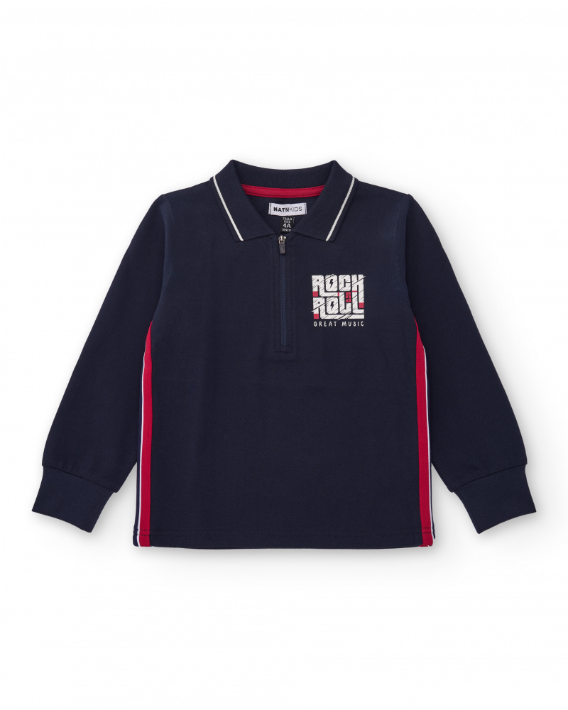 Boys' navy long-sleeve polo with rock print