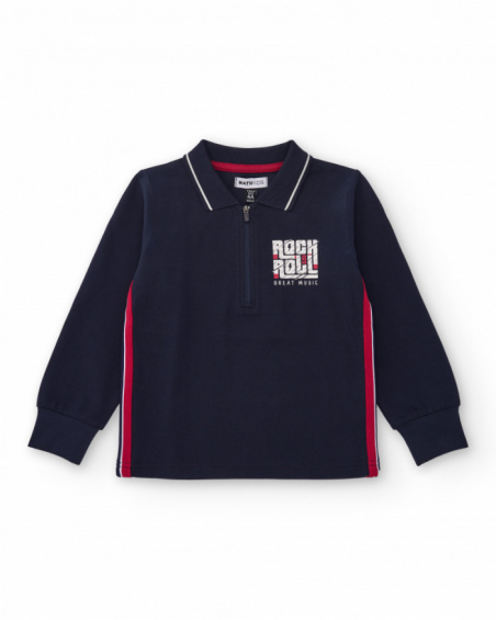 Boys' navy long-sleeve polo with rock print