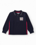Boys' navy long-sleeve polo with rock print Boys' navy long-sleeve polo with rock print