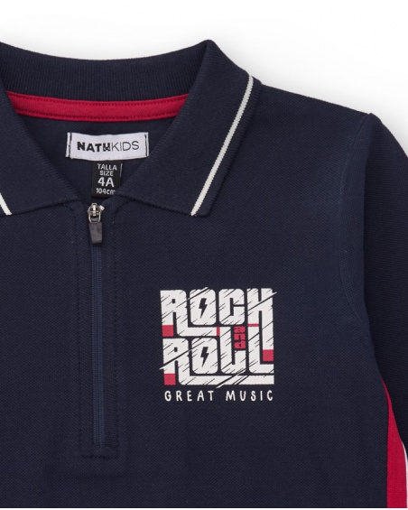Boys' navy long-sleeve polo with rock print
