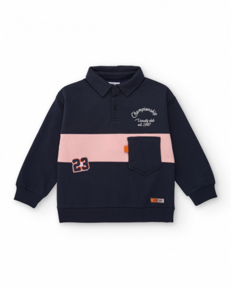 Long-sleeved polo shirt for boys in navy blue with pink stripe