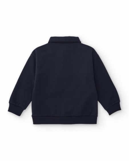 Long-sleeved polo shirt for boys in navy blue with pink stripe